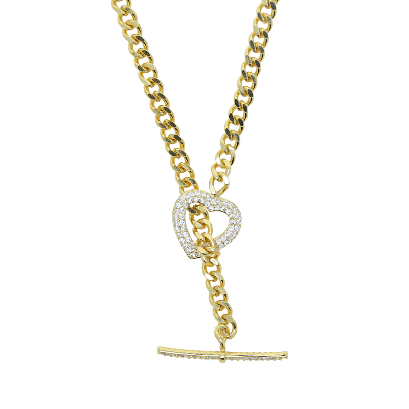 Cuban k Chain Heart Clasp Necklace: Gold-Plated Micro Paved Clear Cz