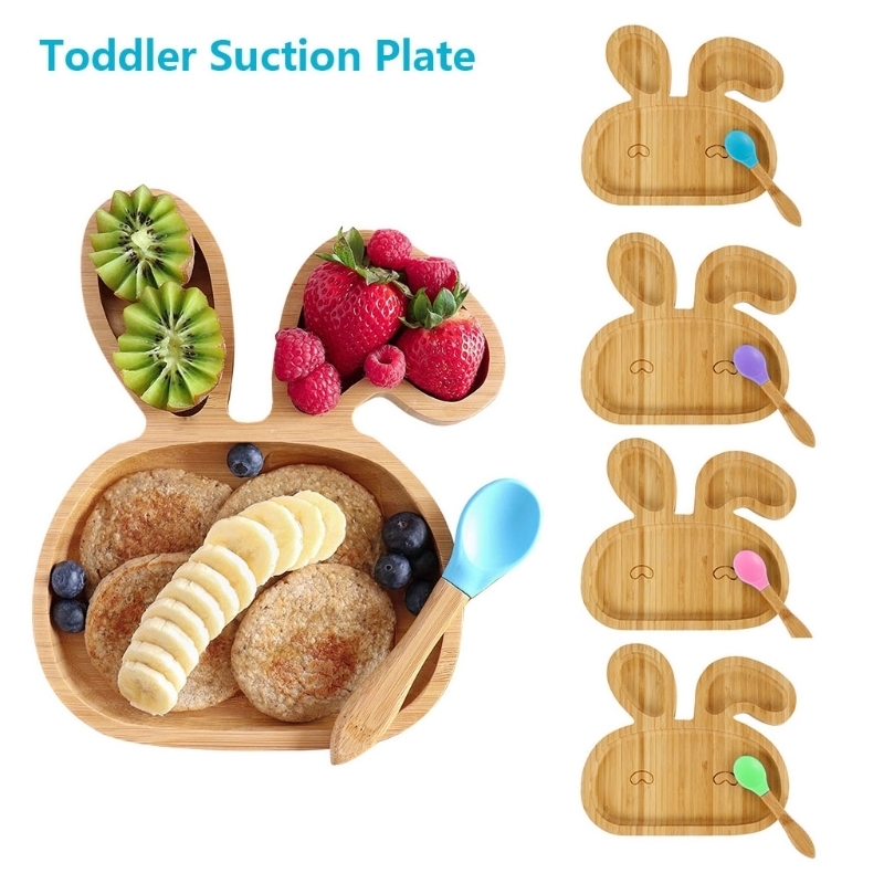 Baby Natural Bamboo Bowl Spoon Set Cartoon Animal Divided Dinner Plate Infants Learning Feeding Dish born Children Tableware 220512