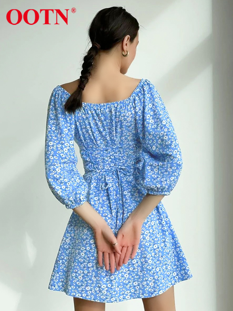 OOTN Summer Elegant Dress Holiday Floral Print Slash Neck Back Lace Up Womens Dress Purple Slit Lantern Sleeve A-Line Dress 220511