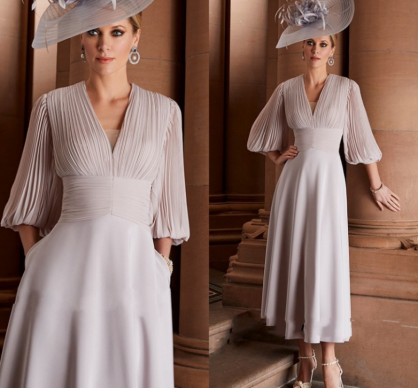 Elegant Silver Tea Length Evening Dresses Puff Sleeves V Neck Ruched Pleat A Line Chiffon Prom Party Gown Robes De soirée Vestidos Festa 2022