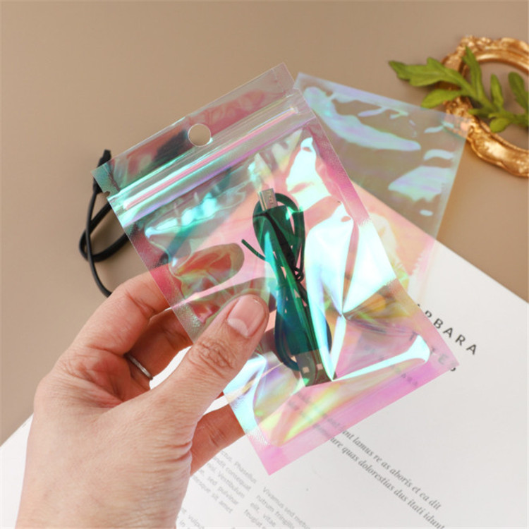 100pcs Cute Rainbow Film Laser Self Sealing Packaging Bags Resealable Jewelry Trinkets Nail Beauty Eyelashes Beads Snack Coffee Beans Hanging Hologaph