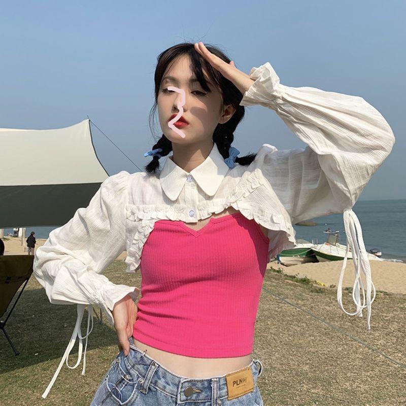 Women' Blouses & Shirts Fashionable Girls' Short Jackets Long-sleeved Tied With Wooden Ears Navel-exposed And Summer Shawls For Girls.W, White
Women' Blouses & Shirts Fashionable Girls' Short Jackets Long-sleeved Tied With Wooden Ears Navel-exposed And Summer Shawls For Girls.W, White