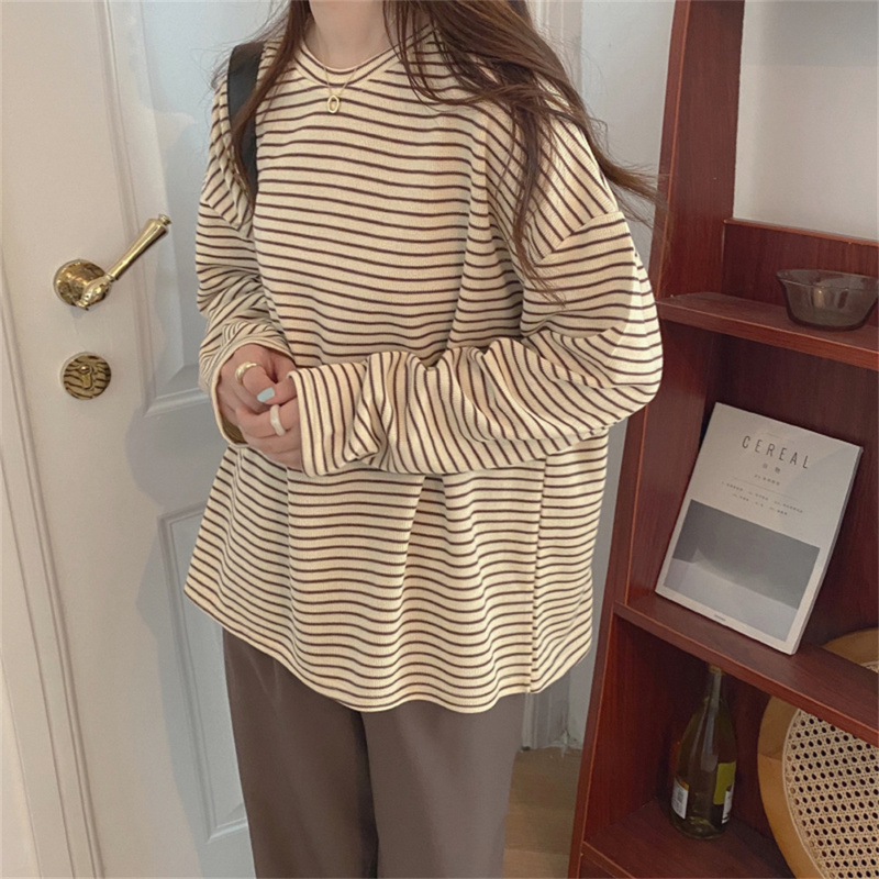 Alien Kitty Coffee Stripes Cotton T-Shirts Women Loose-Fitting Autumn Sale Lady Casual Full Sleeve Chic All Match Tops 220321