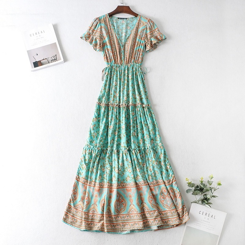 BOHO Covered Button V neck Floral print Bohemia Dress Summer Ethnic Woman Short Sleeve Tie Bow Strappy Maxi Long Dresses 220511