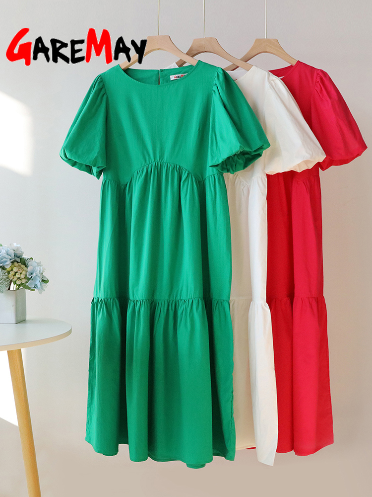 Casual Women Summer Maxi Dress 100% Cotton O Neck A-line Oversize Short Sleeve Midi Dress Puff Sleeve White Green Long Dress 220510