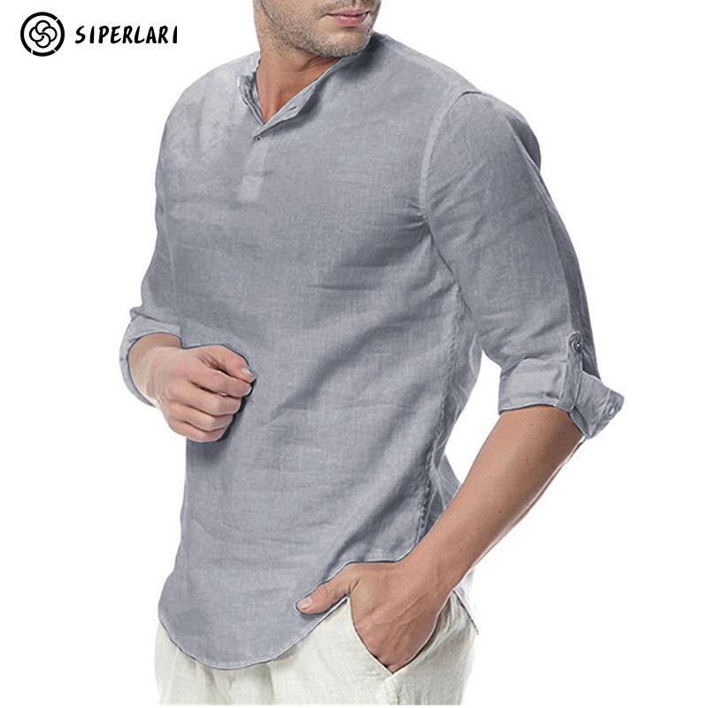 Men's Casual Blouse Cotton Linen Shirt Loose Tops Long Sleeve Tee Spring Autumn Summer Handsome Men 220330