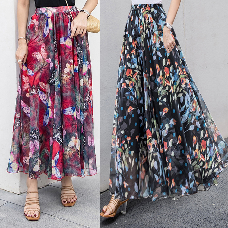 Women Elastic Waist Chiffon Elegant Printed Long Skirt Female Bohemia Beach Holiday silk-like With Big Hem 220322