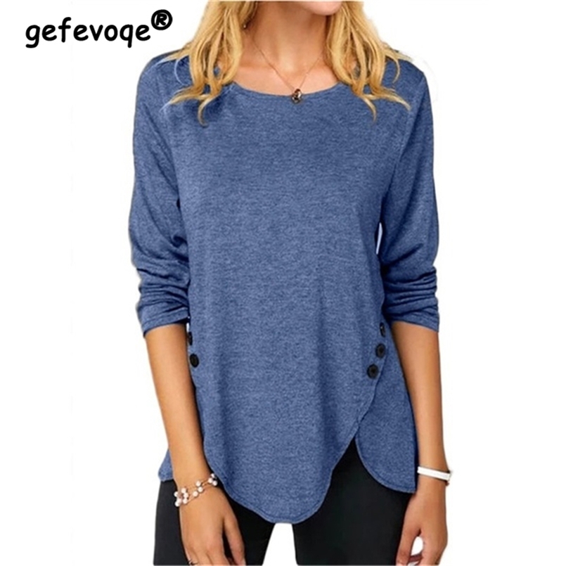 Round Neck Long Sleeve Women T Shirt Solid Color Loose Casual Tops Button Oversized Cotton Tees Aesthetic Irregular Pullover 220728, Blue
Round Neck Long Sleeve Women T Shirt Solid Color Loose Casual Tops Button Oversized Cotton Tees Aesthetic Irregular Pullover 220728, Blue