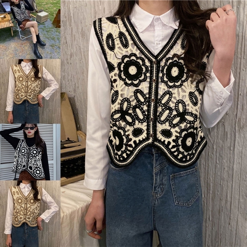 Women Vintage Hollow Out Crochet Crop Top Vest Embroidery Floral Sleeveless Jacket Cardigan Button Down Boho Hippie Casual 220325