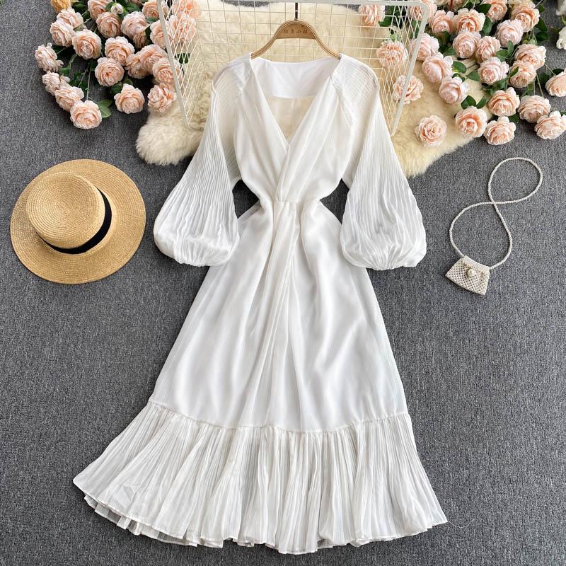 Casual Dresses Women White Chiffon Dress Summer Pleated Puff Sleeve Slim Ruffle Boho Ladies Vintage V Neck Midi Party Vestidos, Black;gray
Casual Dresses Women White Chiffon Dress Summer Pleated Puff Sleeve Slim Ruffle Boho Ladies Vintage V Neck Midi Party Vestidos, Black;gray