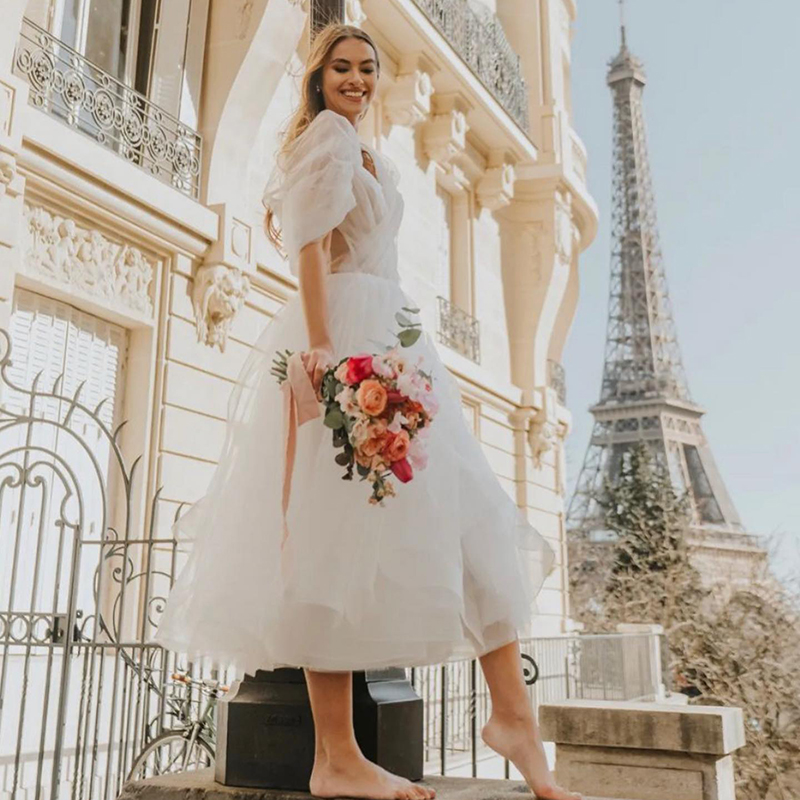 Sexy Tea Length Short Wedding Dress 2022 Off The Shoulder A Line Tulle Boho Wedding Dresses Modern Summer Beach Bridal Country Wear Women Garden Vesti