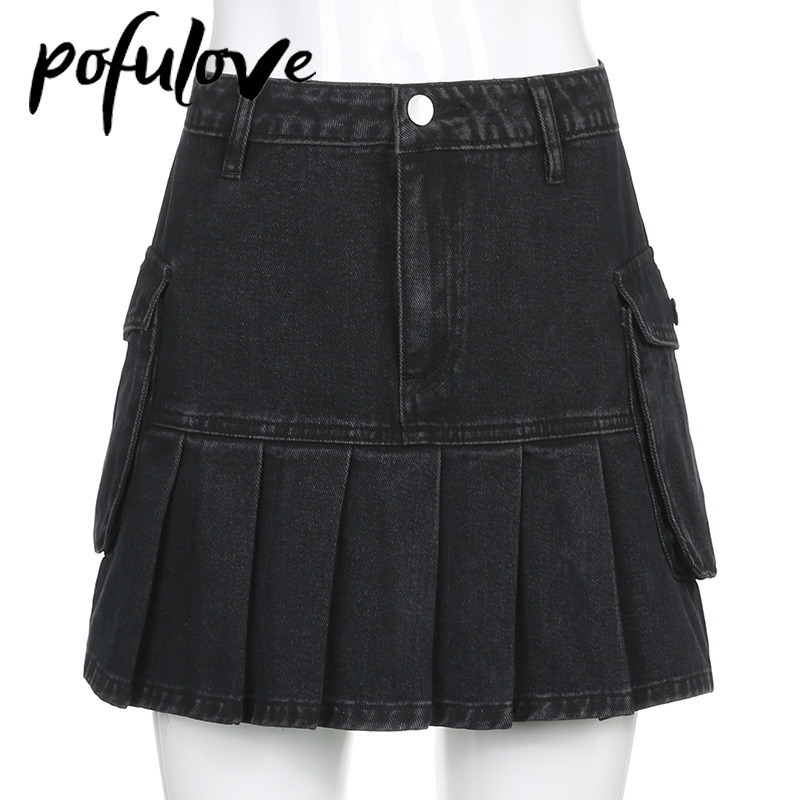 Jeans Mini Skirt Goth Denim Pleated Skirts with Big Pocket Girl Summer Punk Y2K Black Faldas High Waist Korean Fashion 220322