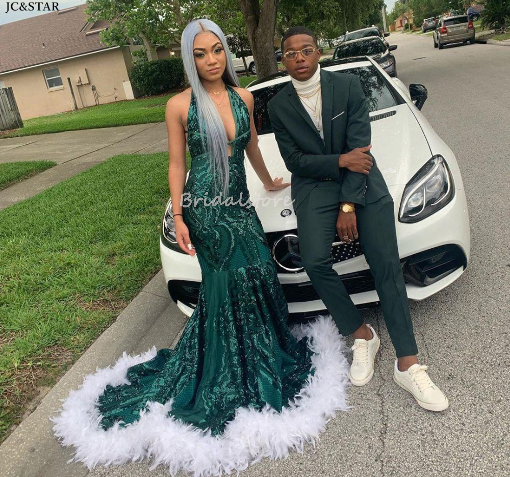 Emerald Green Sequin Mermaid Prom Dresses With Feather For Black Girls Luxury Aso Ebi African Evening Dress 2022 Halter Night Party Formal Gowns Robes
