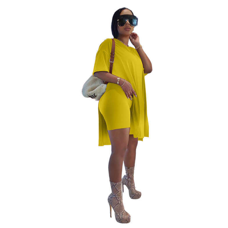 Plus-size women's clothing 2023 summer short sleeve suit solid medium length split shorts