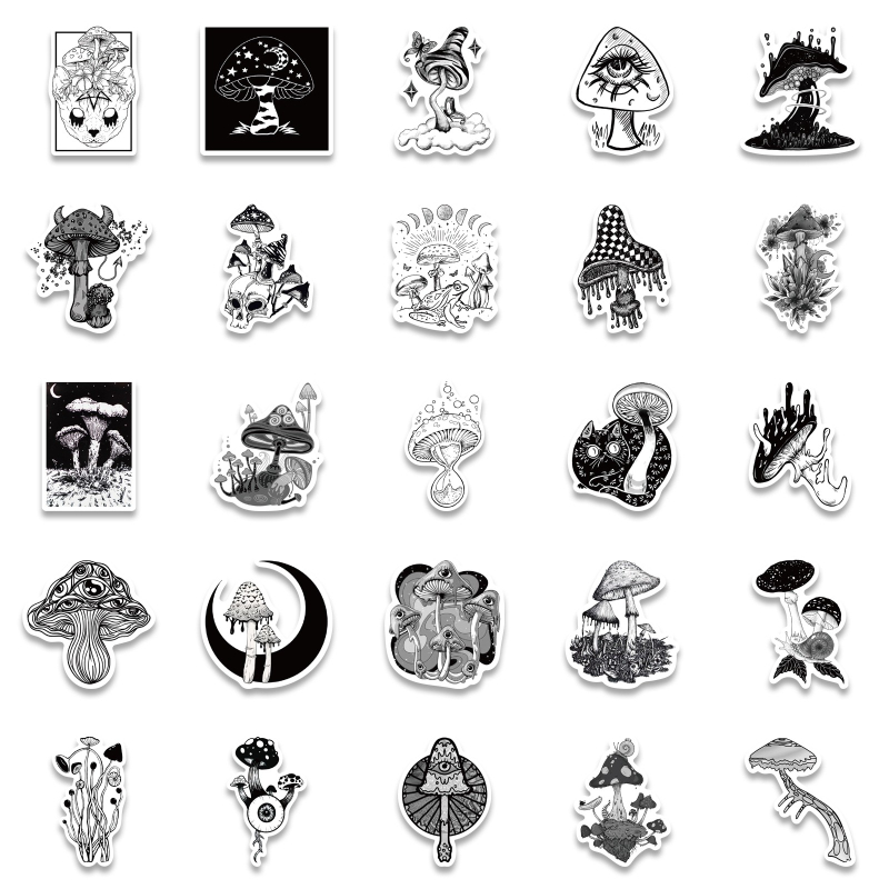 50PCS Gothic Stickers Waterproof Vinyl Stickers Perfect for Laptop Phone Car Skateboard Black White Punk Mushroom Toy Decals