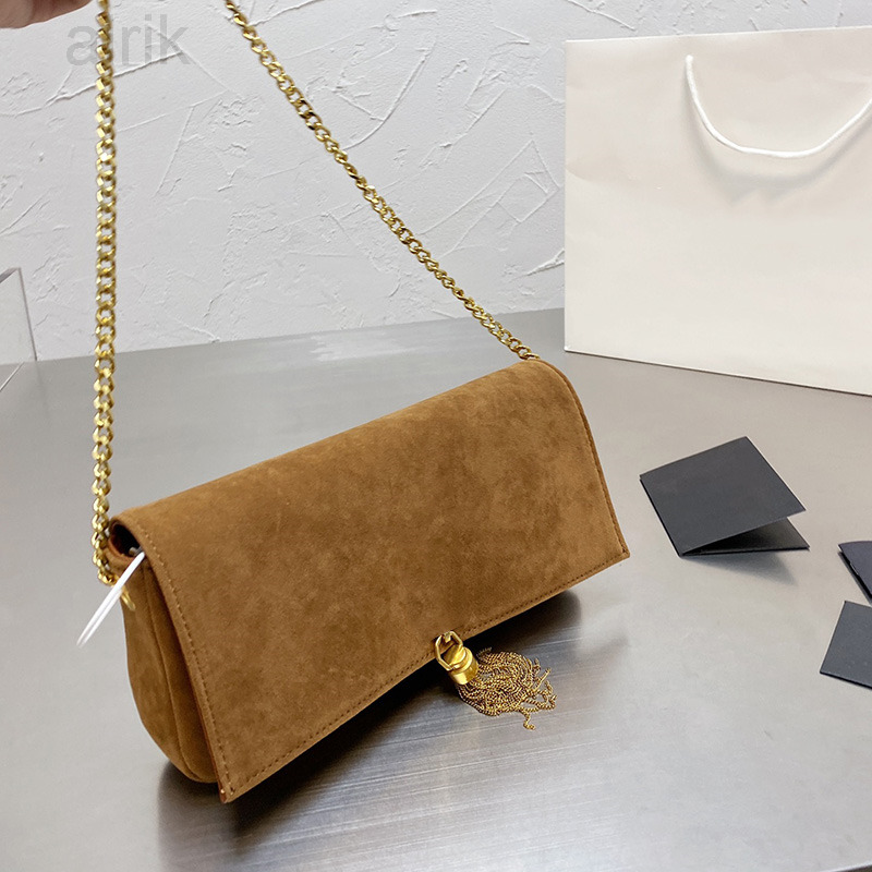 Nubuck Leather Envelope Messenger Bags France Women Classic Flap Double Chains Cross Body Shoulder Soft Designer Elegant Lady Tassel