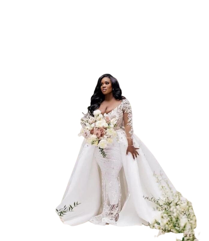 Sexy Plus Size Illusion Mermaid Wedding Dress With Detachable Train V Neck Applique Crystal Full Sleeve Saudi Arabic Bridal Gown
