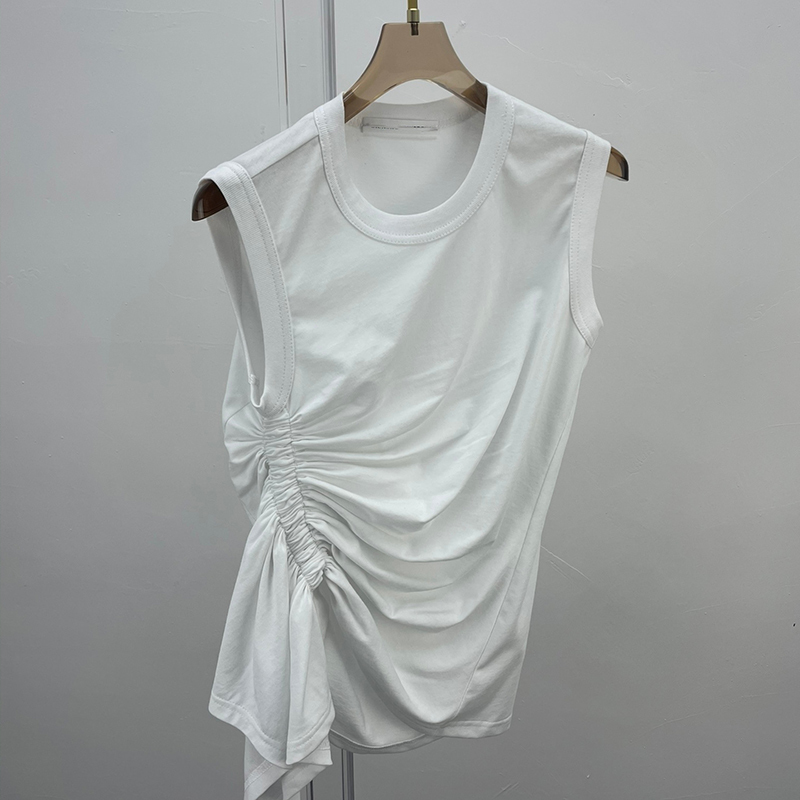 TWOTWINSTYLE Casual White T Shirt For Women O Neck Sleeveless Ruched Irregular Slim T Shirts Females Summer Fashion Stylish 220408