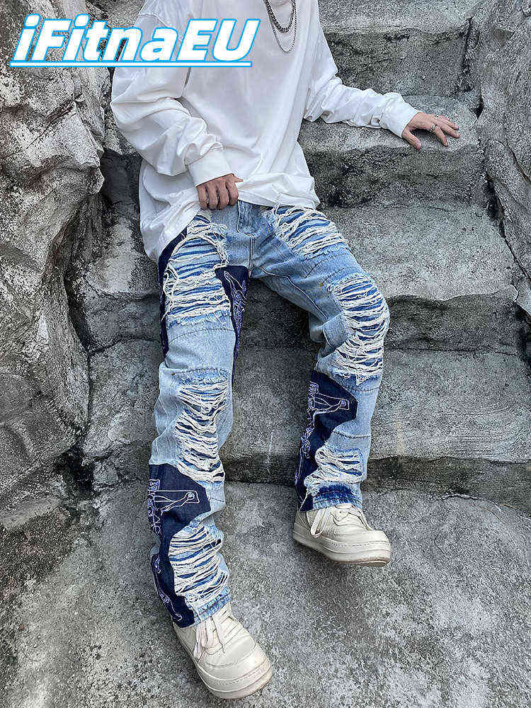 Ripped Jeans Baggy Men Print Harajuku Pants Slim Trendyol Men's Fashion Hip Hop Trousers Y2k Man Grunge Streetwear Stacked X220714
