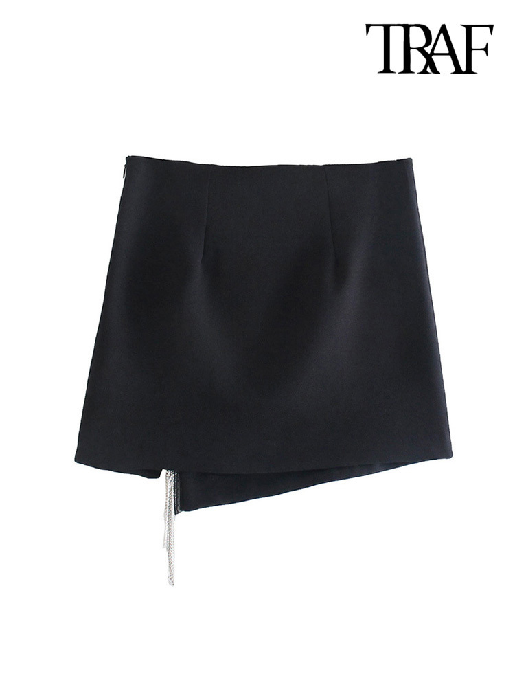 TRAF Women Fashion With Bejewelled Fringe Detail Mini Skirt Vintage High Waist Side Zipper Female Mujer 220322