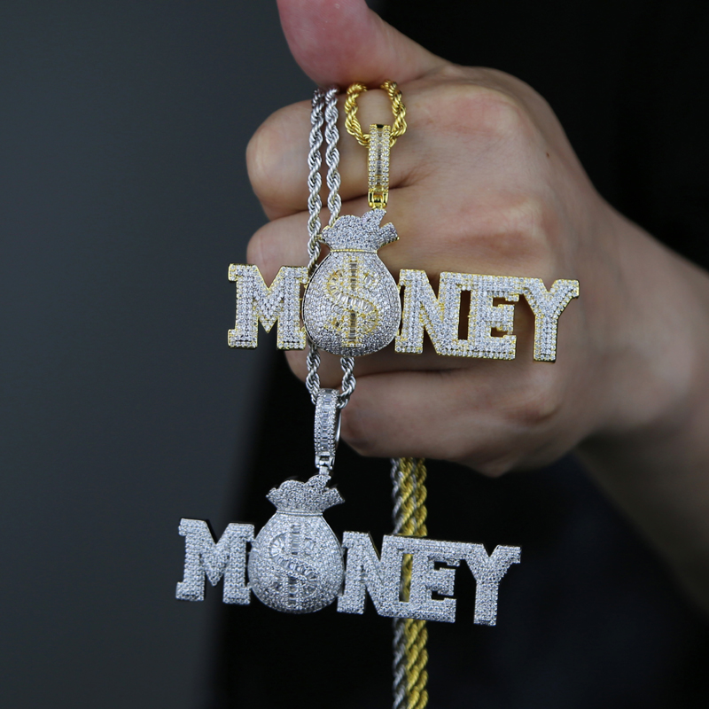 Iced Out US Dollar Money Bag Pendant Gold Silver Color Bling Cubic Zircon Paved Men's Hip Hop Necklace Jewelry Drop Ship