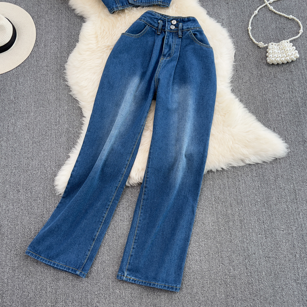 New design womens short spaghetti strap denim jeans bustier vest and wide leg long pants 2 pcs twinset SML