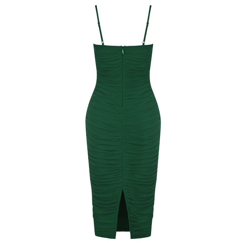Mesh Draped Bandage Dress Arrival Midi Bandage Dress Bodycon Women Summer Green Sexy Party Dress Evening Club Outfits 220507
