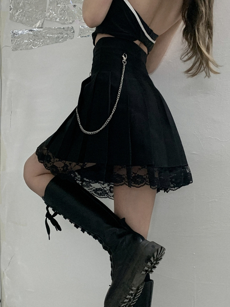 Harajpoo Women Skirts Chain Lace Stitch Y2k Summer Korean Ins Street Black High Waist Student A Line Short Pleated Skirt 220701