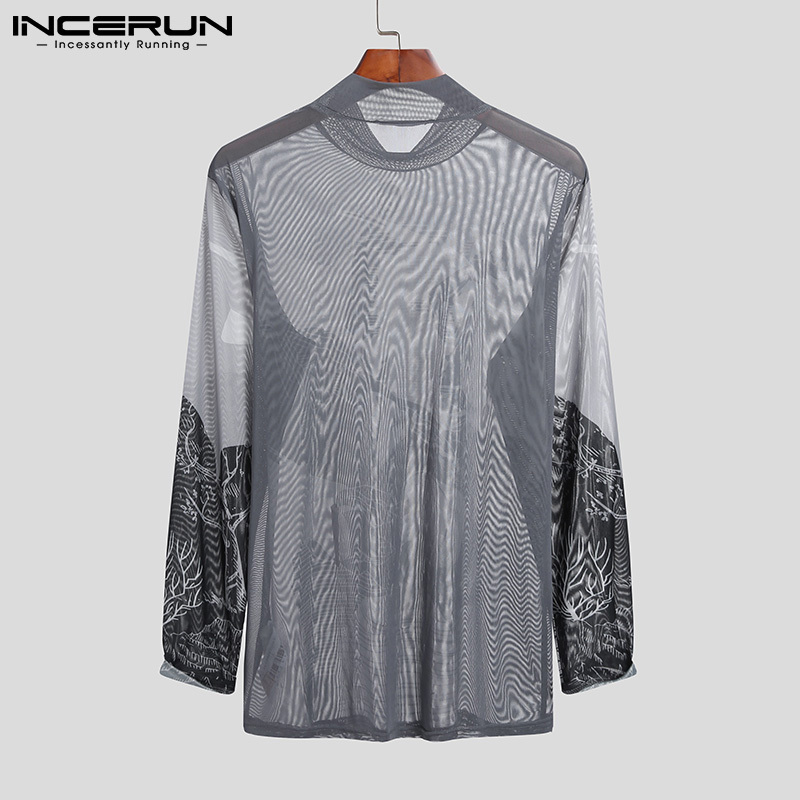 Men T Shirt Turtleneck Mesh Transparent Printed Sexy Long Sleeve Fitness Party Camisetas Streetwear Undershirt INCERUN 7 220616