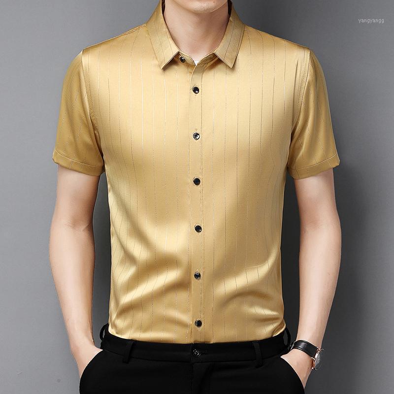 Summer Male Silk Clothes Fashion Striped Shirt Short Sleeve Mens Casual Business Social Dress Shirts Men, Beige
Summer Male Silk Clothes Fashion Striped Shirt Short Sleeve Mens Casual Business Social Dress Shirts Men, Beige