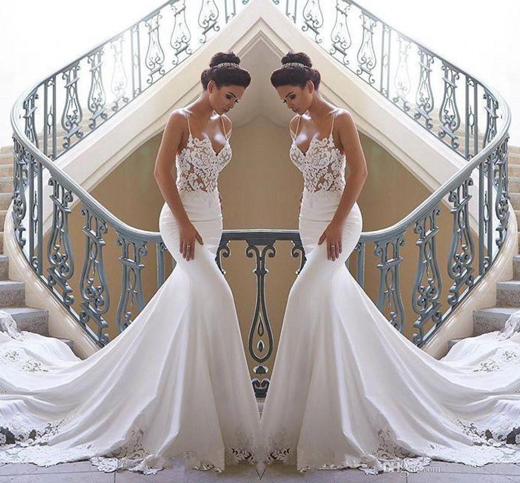 Spaghetti Straps Mermaid Beach Wedding Dresses Satin Lace Applique Sweep Train Boho Bridal Gowns robes de marie BM0968 Free shipping