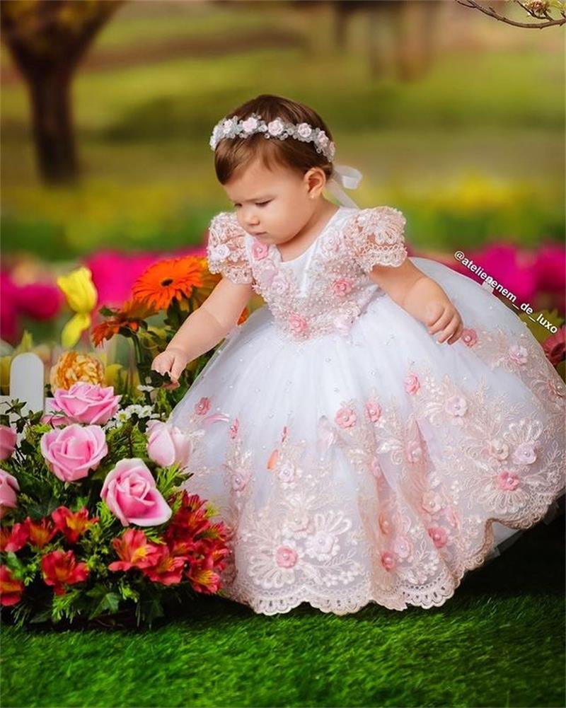 Blush Pink Pearls 2022 Flower Girl Dresses For Wedding Beaded Crystal Short Sleeve Lace Floral Baby Wedding Guest Dress