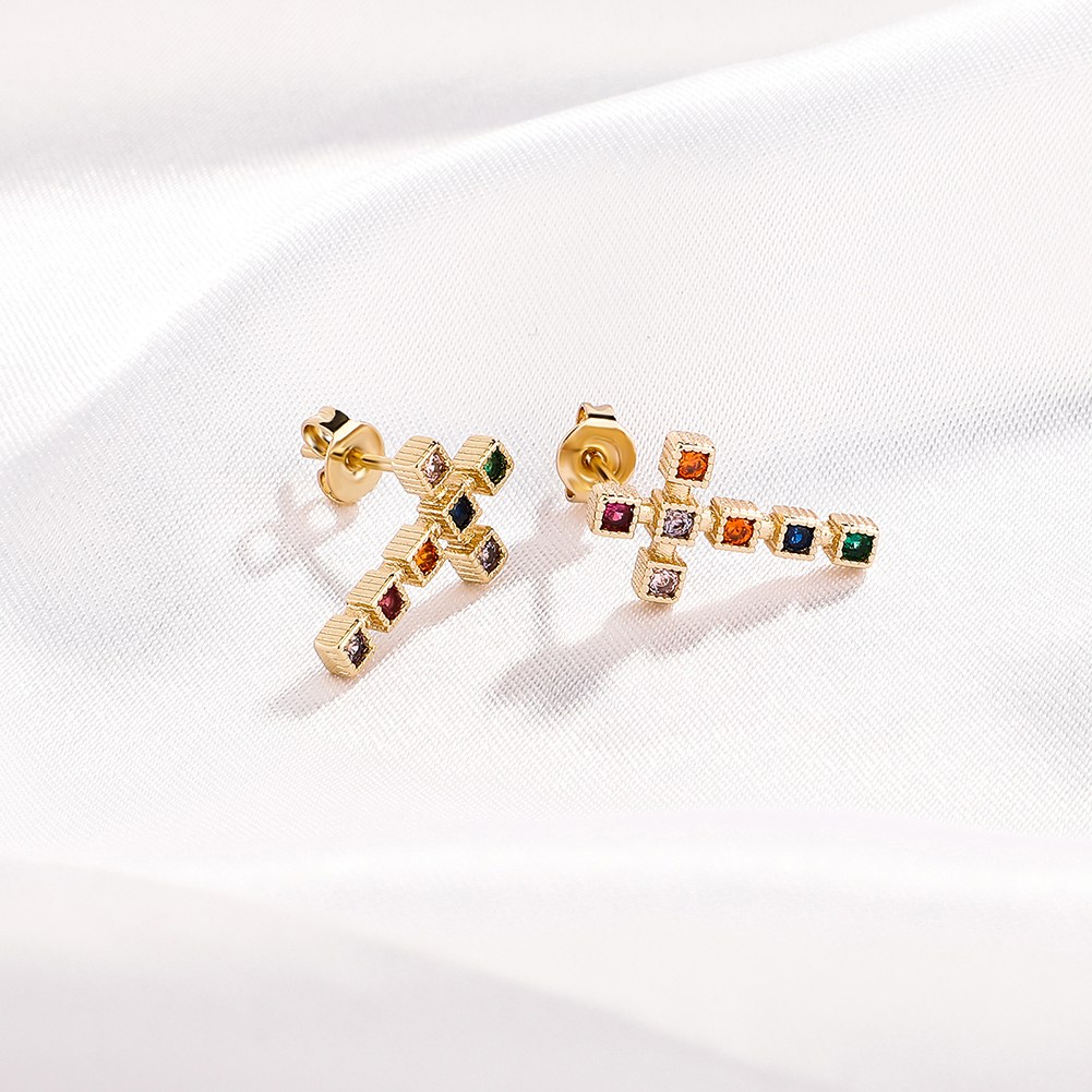 New Colorful Zircon Cross Stud Earrings Silver Gold Color Prong Bling Red Green CZ Earring Studs Delicate Fashion Women Girls Fine Party Jewelry Mothe