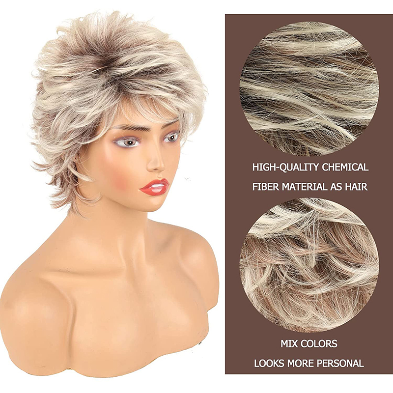 Fashion Short Blonde Wigs for White Women Pixie Cut Wigs with Bangs Brown Mixed Honey Hair Wig Highlights Synthetic