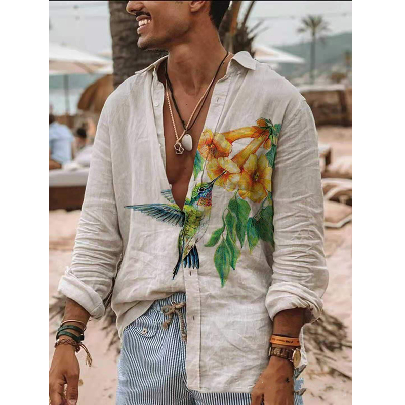Vintage Shirt Men Long Sleeves Printed Hawaiian Beach Casual Single-Breasted Stand Collar Spring And Summer Clothes 220322