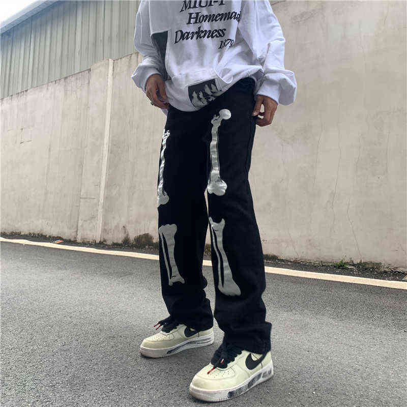 Men's Skull Jeans Jean Baggy Skeleton Pants Black Man Casual Trendyol Denim Trousers Streetwear Hip Hop FASHION Y2k Print X220714
