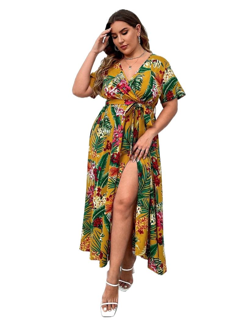 

Plus Size Dresses Tropical Print Overlap Collar Wrap Hem Belted Dress X0L9#Plus, Multicolor