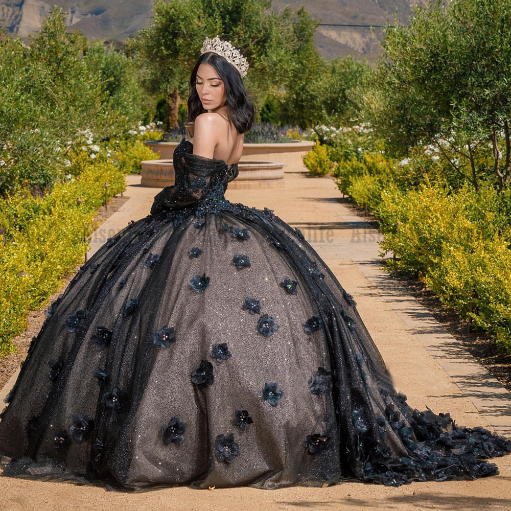 Black vestidos de 15 anos Quinceanera Dresses Long Sleeves Floral Flowers Girl Sweet 16 Charro Mexican Birthday Wear