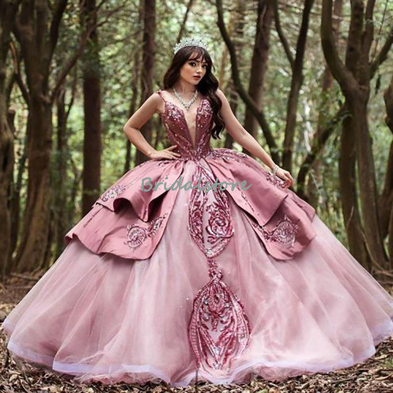 Dusty Pink Sequin Quinceanera Dresses 2022 Charro Mexican Sweet 16 Dress Corset Luxury Vestido De 15 Anos Festa Luxo Vintage Ball Gown Prom Gowns Enga