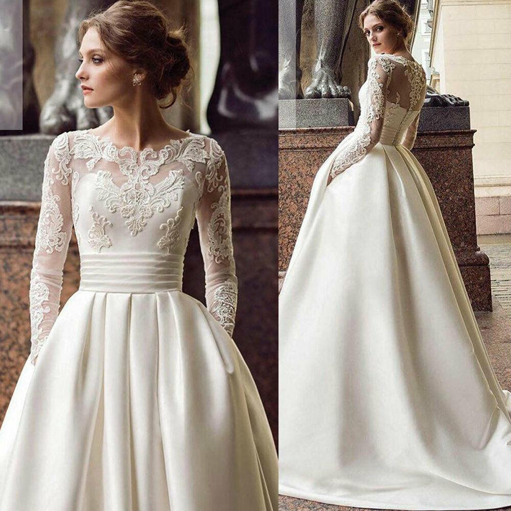Elegant Wedding Dress With Jewel Long Sleeve Applique Floor Length Satin Party Dress Formal Occasion Custom Made Vestidos De Novia