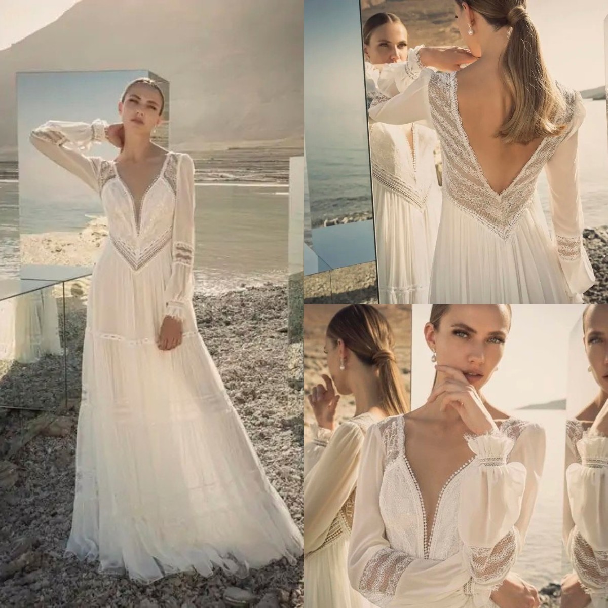 Inbar Freiman 2022 Bohemian 2022 Chiffon Wedding Dress Lace Long Sleeve V Neck Bridal Dresses A Line Wedding Gowns Vestido de Noiva