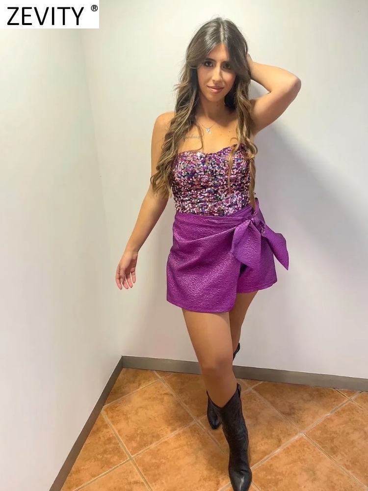 Zevity Women Summer Y2K Party Purple Sleeveless Tube Cami Off Shoulder Club Corset Tank Lady Strapless Sequin Crop Tops LS9958 220329
