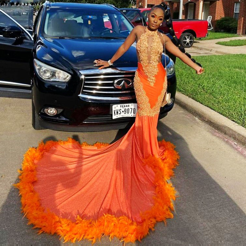 Black Girls Orange Prom Dress With Feather Luxury Halter Mermaid African Nigerian Evening Gown 2022 Sleeveless Train Party Wear Robes De Soirée Specia