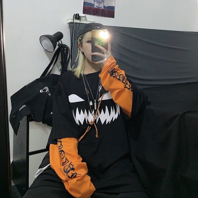 FERNAN Autumn Harajuku Goth T-shirts Women Halloween Grunge Punk Patchwork Long Sleeve Graphic Tshirt Mall Alt Clothes 220321