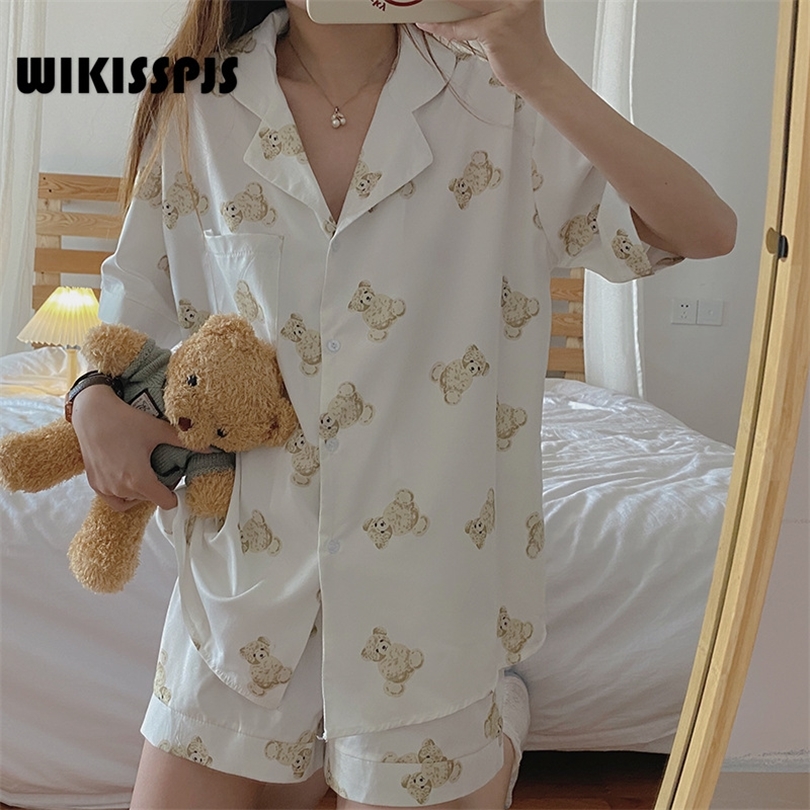 WIKISSPJS Pajamas Women's Cute Sleeve Shorts Kawaii Two Piece Set Summer Loungewear Sleep Tops Bear Cub Cartoon Pjs JP(Origin) 220329
