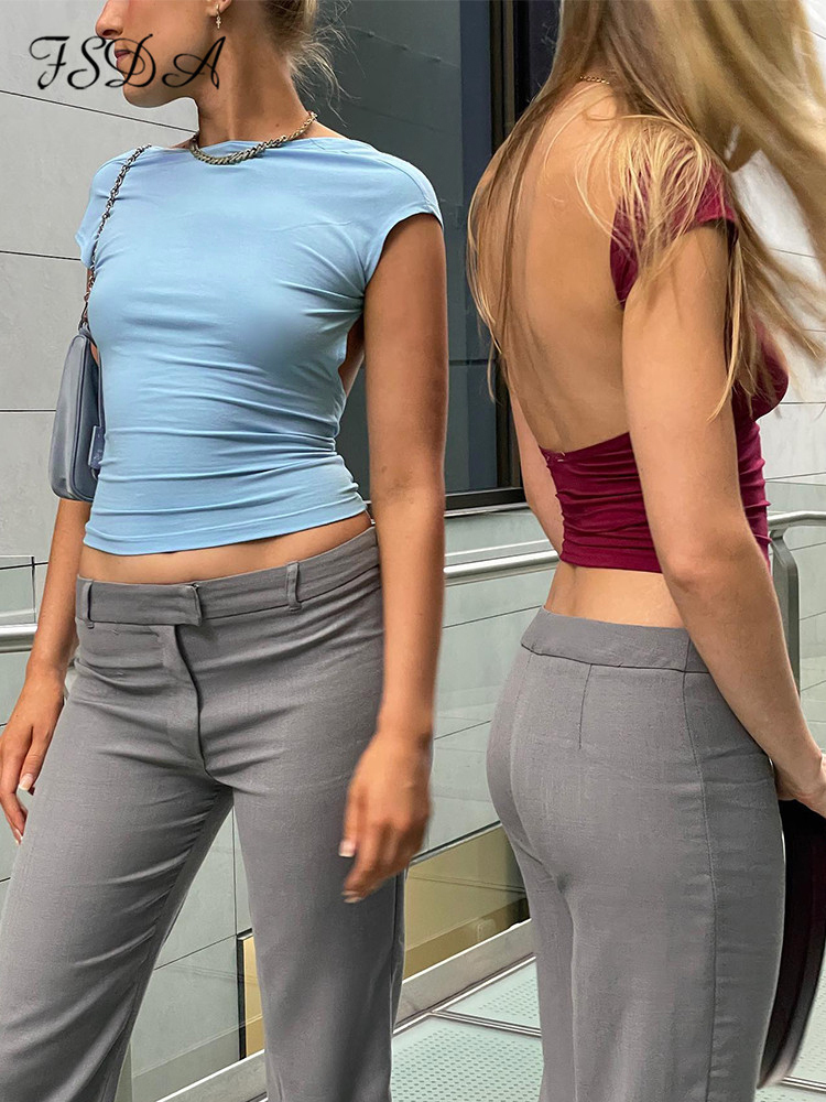 FSDA Backless Short Sleeve Blue Y2K Crop Top Women Casual O Neck Summer T Shirts Sexy Vintage Cut Out 220530