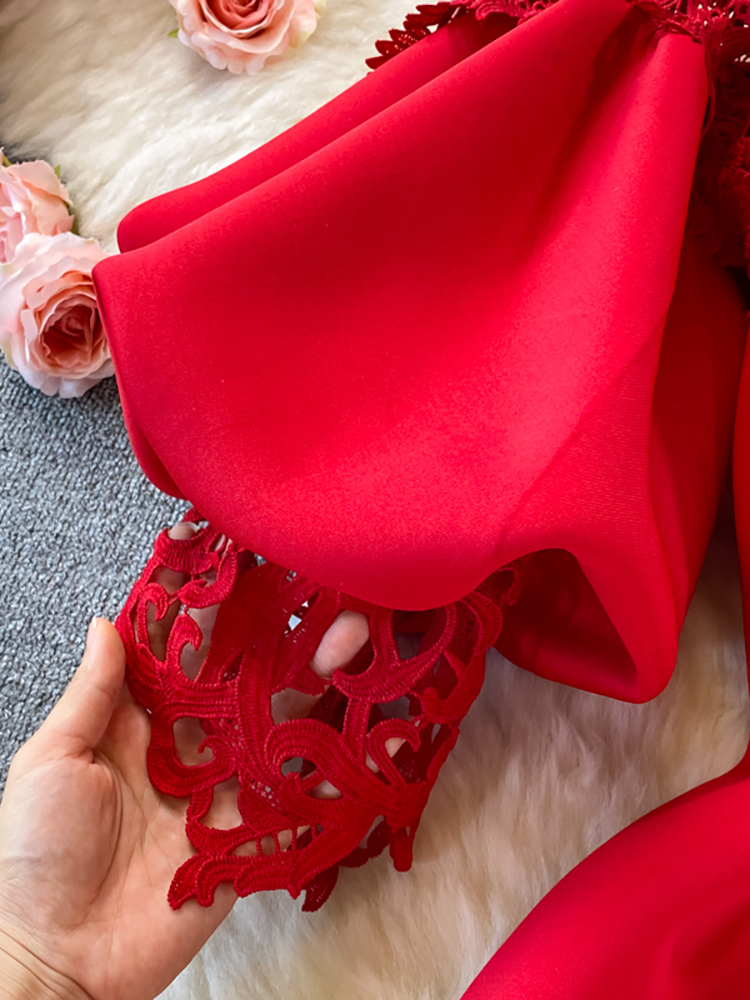 Sexy Hollow Out Lace Bodycon Long Dress Women Elegant Red/Pink/White Off Shoulder Patchwork Maxi Party Vestidos Autumn 220406