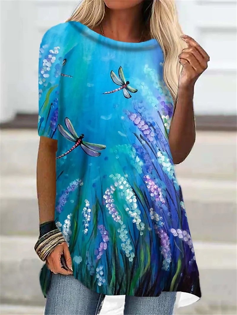 Women s T Shirt Green Blue Red Short Sleeve Floral Gradient Print Top Autumn Summer Round Neck Casual Fashion 220628