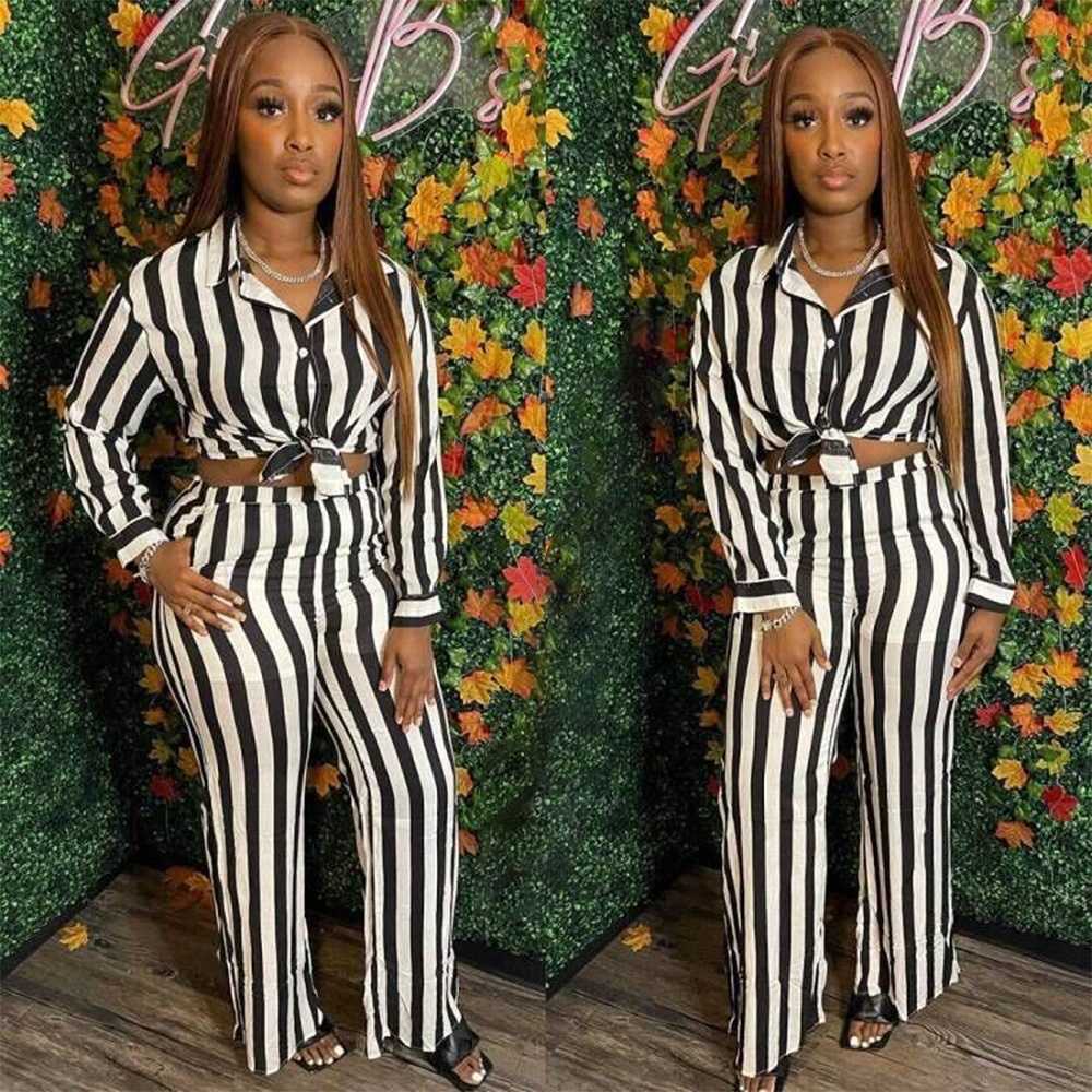 women's new black and white striped top fashion navel exposed striped wide leg pants two piece set