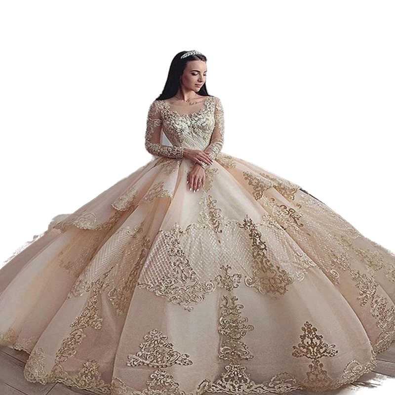 Vintage Long Sleeve Champagne Quinceanera Dresses 2022 Shiny Lace Appliqued Beaded Luxury Ball Gown 15 Vestidos De Quinceañera Princess Arabic Sweet 1